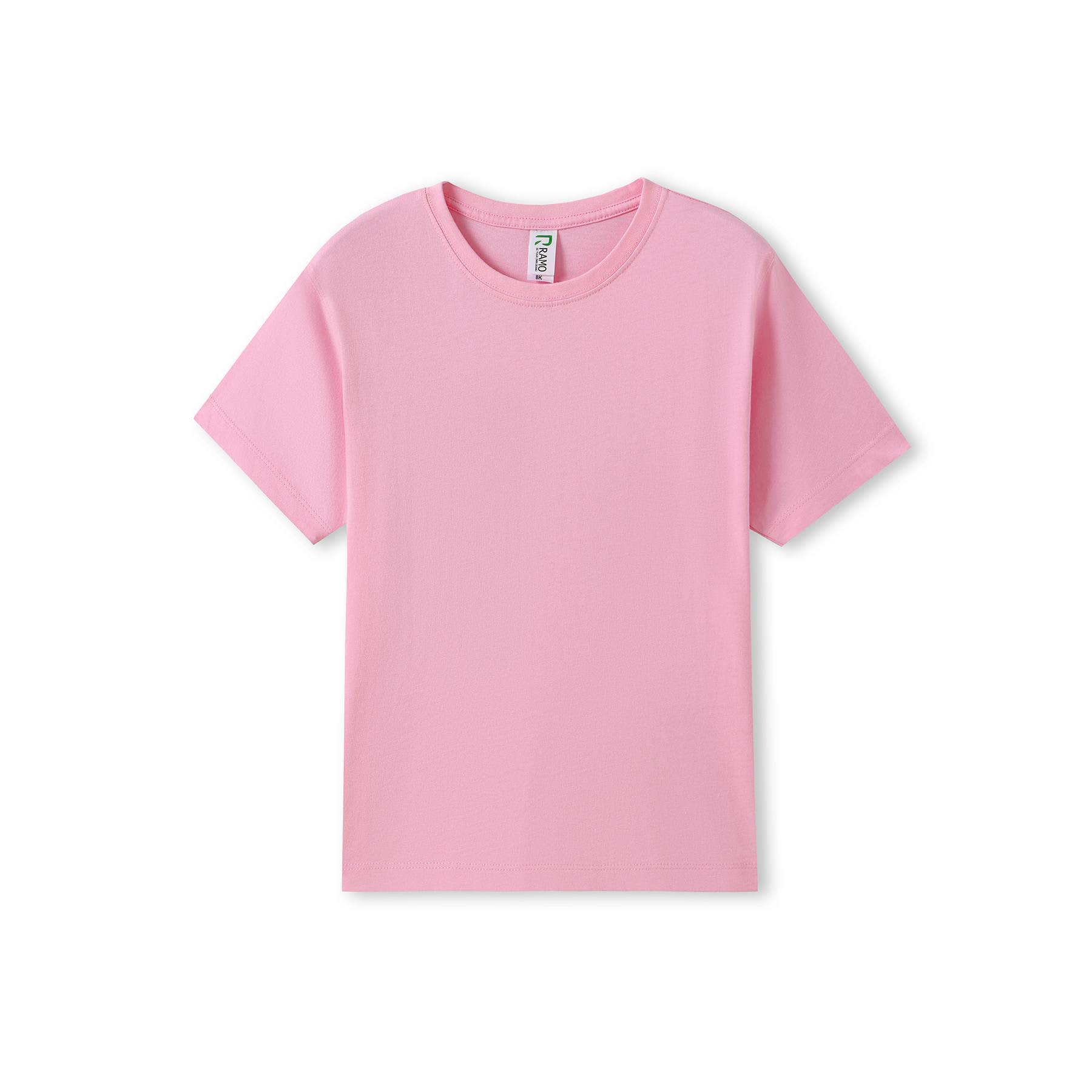 A pink organic T-shirt with short sleeves, featuring a label and a simple design. Kids Organic Tee - Image 1