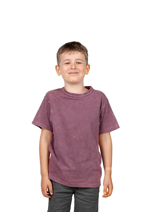 A stone wash T-shirt in a muted purple shade, worn by a smiling boy, with a simple logo on the shirt. Kid's Stone Wash T-shirt - Image 1