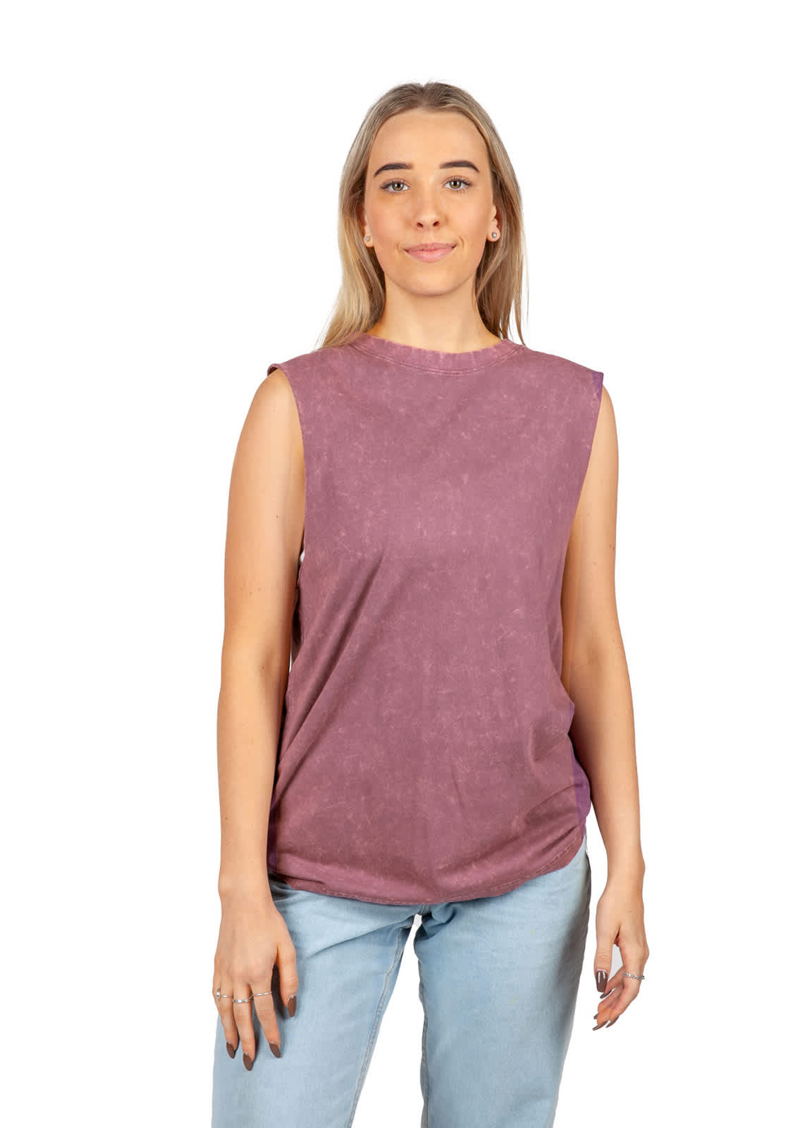 A women's stone-washed tank in a dusty mauve colour, featuring a relaxed fit and sleeveless design. Branding is visible. Womens' Stone Washed Tank - Image 1