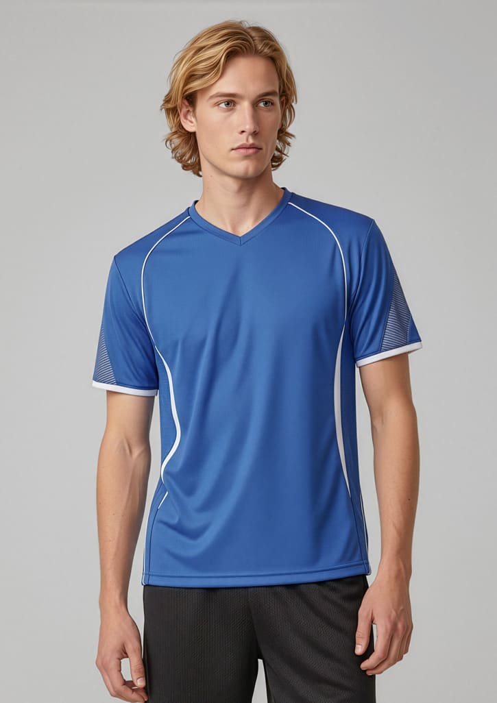 A blue short sleeve tee with white accents and a v-neck design, featuring a logo. Mens Razor Short Sleeve Tee - Image 1