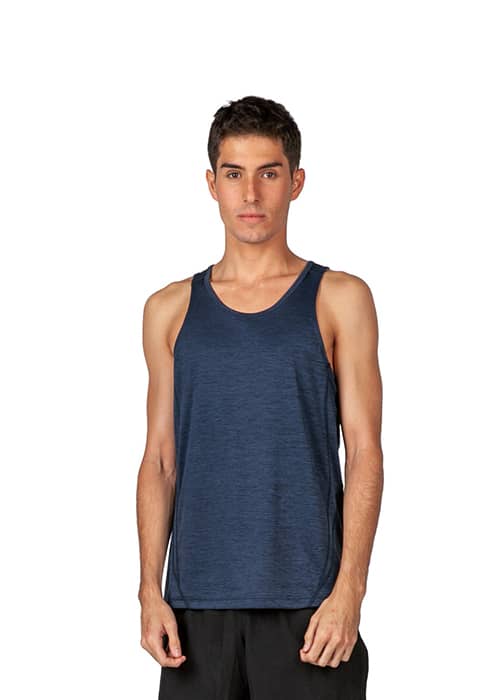A navy blue men's singlet made of 100% polyester, featuring a standard tank design and a logo on the garment. Men's Challenger 100% polyester Singlet - Image 1