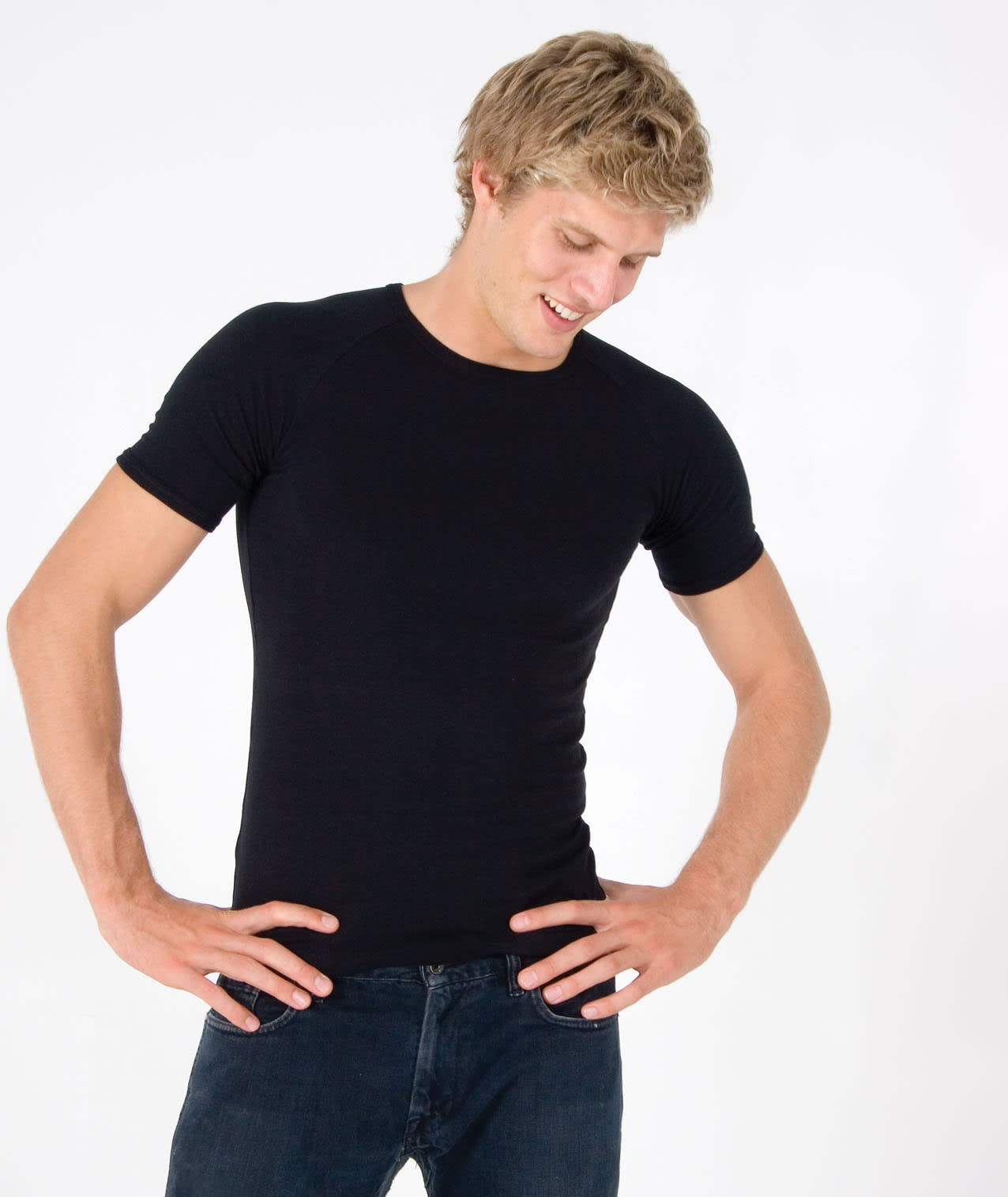 A fitted black men's spandex T-shirt with short sleeves, displayed on a model. The shirt has a logo on it. Men's Spandex T-shirt - Image 1