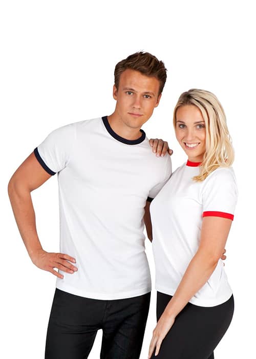 A white ringer T-shirt featuring navy and red accents, modelled by a man and a woman. The shirt has a logo. Men's / Unisex Ringer T-shirt - Image 1