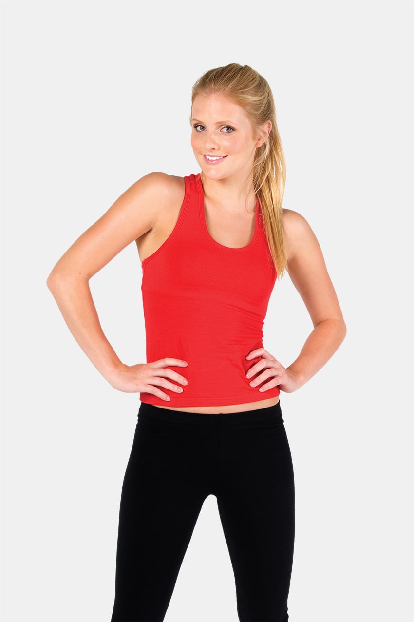 A red women's singlet featuring a fitted design, paired with black leggings. The garment has a logo. Womens Self Brassiere Singlet - Image 1
