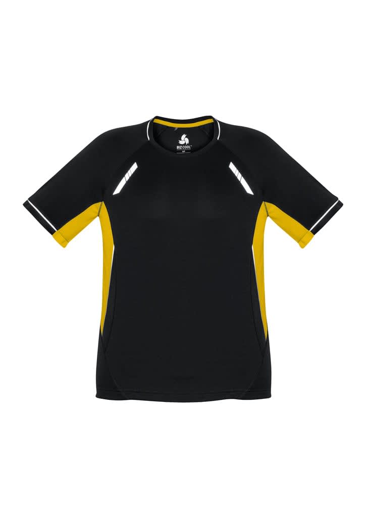 A black and yellow short sleeve tee with reflective accents and a logo on the front. Kids Renegade Short Sleeve Tee - Image 1