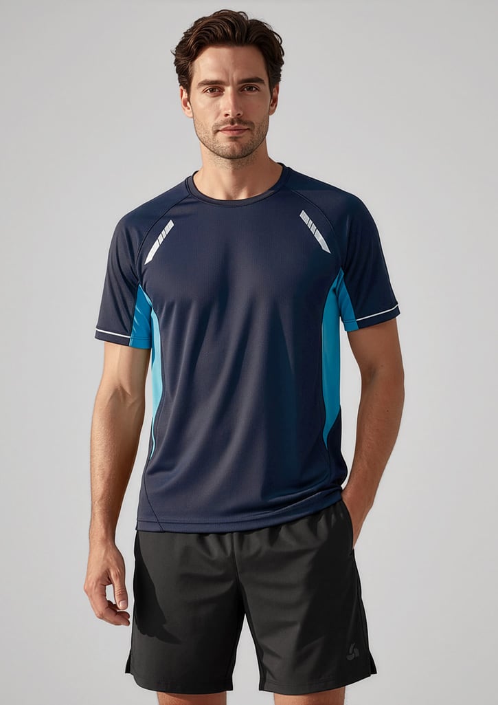A navy and teal men's short sleeve tee with contrasting panels and a logo. Ideal for casual or active wear. Mens Renegade Short Sleeve Tee - Image 1