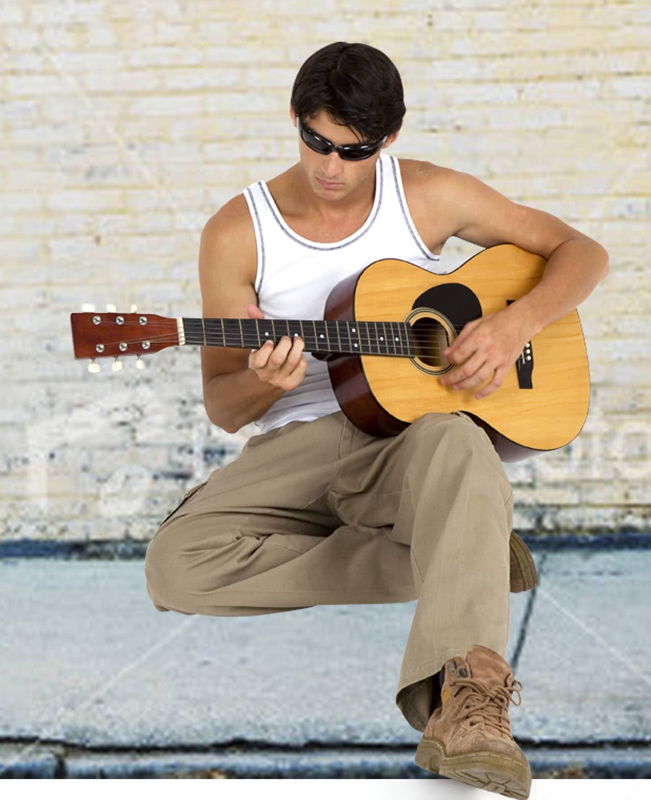 A man in a white cotton rib singlet plays an acoustic guitar, wearing sunglasses and beige pants. Men's Cotton Rib Singlet - Image 1