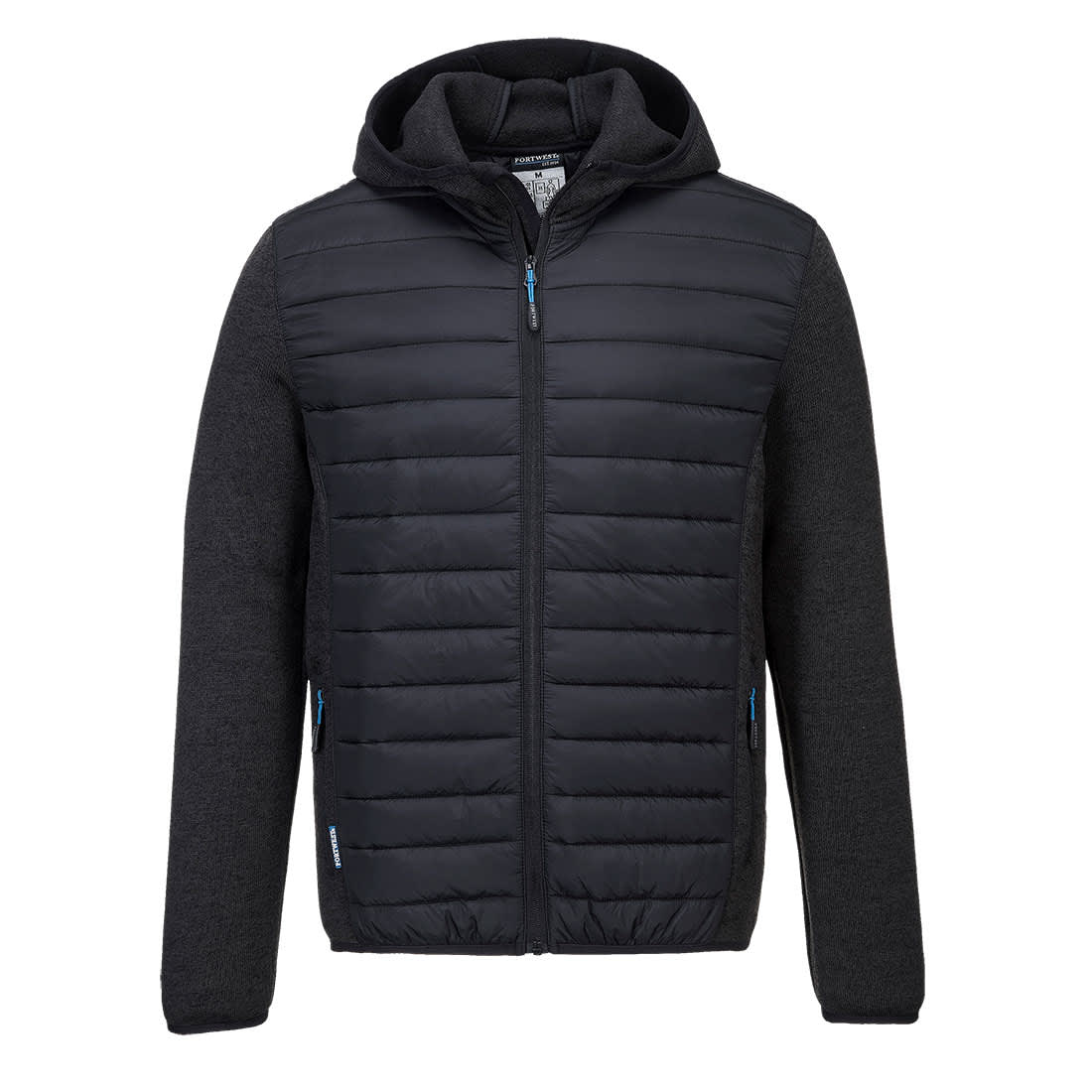 A black and grey hybrid baffle jacket with a hood, featuring a zip front and logo. KX3 Hybrid Baffle Jacket - Image 1