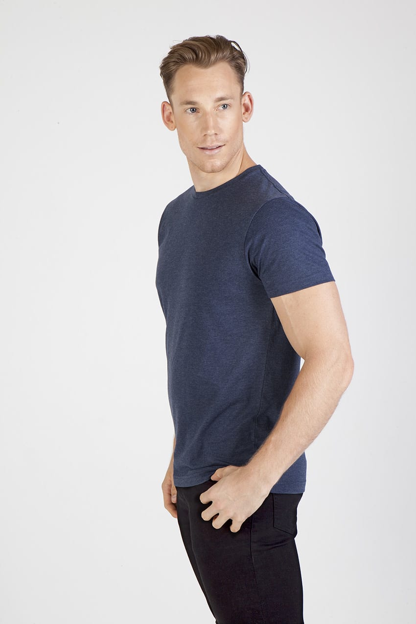 Men's/unisex marl crew neck T-shirt in navy, featuring short sleeves and a fitted design. Includes a logo. Men's / Unisex Marl Crew Neck T-shirt - Image 1