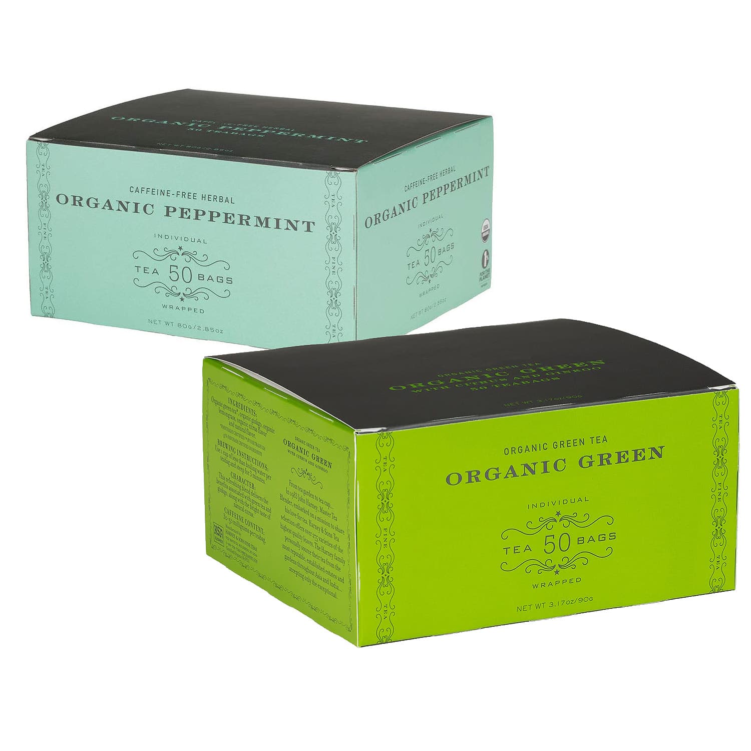 A tea box set featuring two flavours: organic peppermint in mint green and organic green tea in vibrant green, both with branding. Tea Box (Holds 50) - Image 1