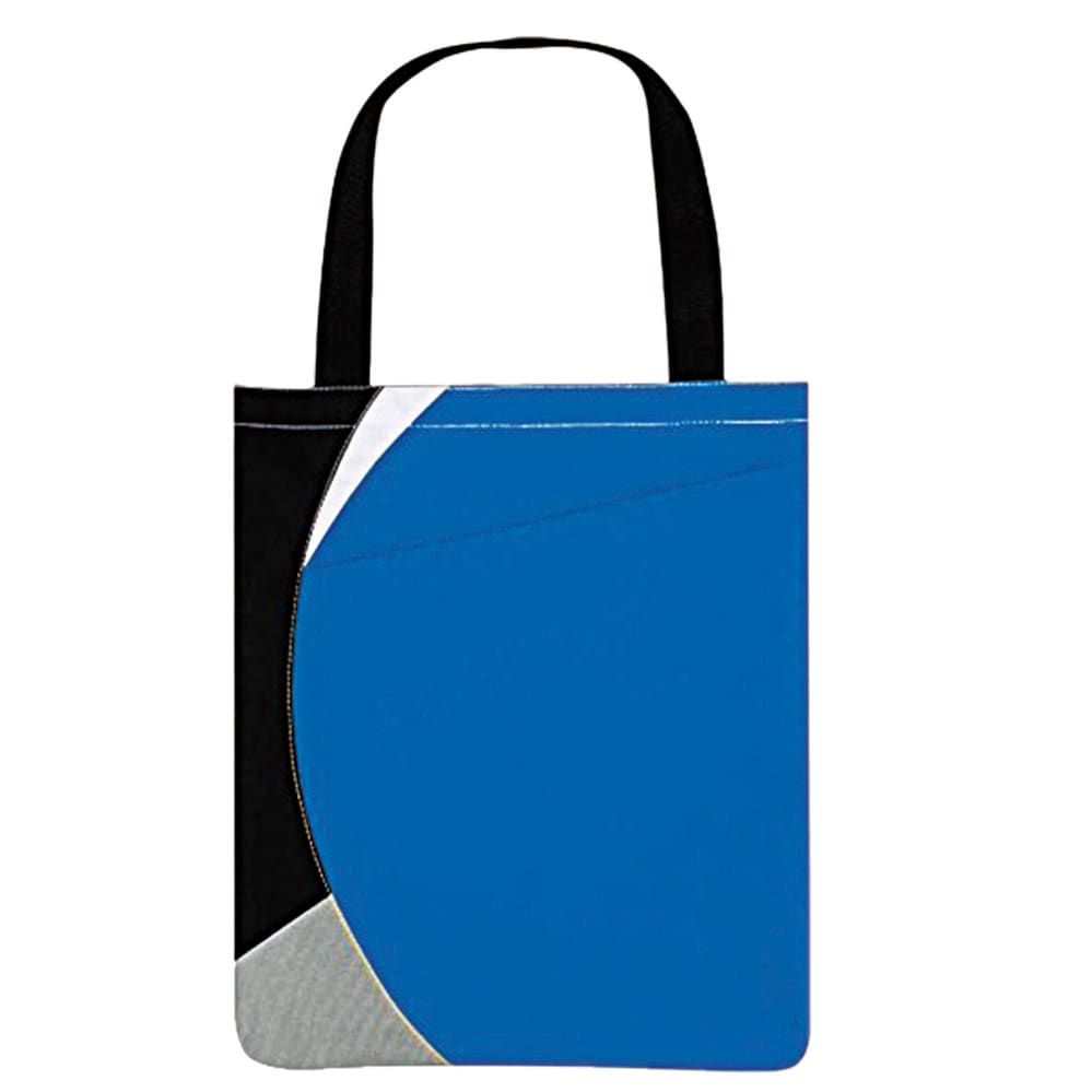A blue tote bag featuring a geometric design with black and grey accents. It has two black handles. Maine shopping bag - Image 1