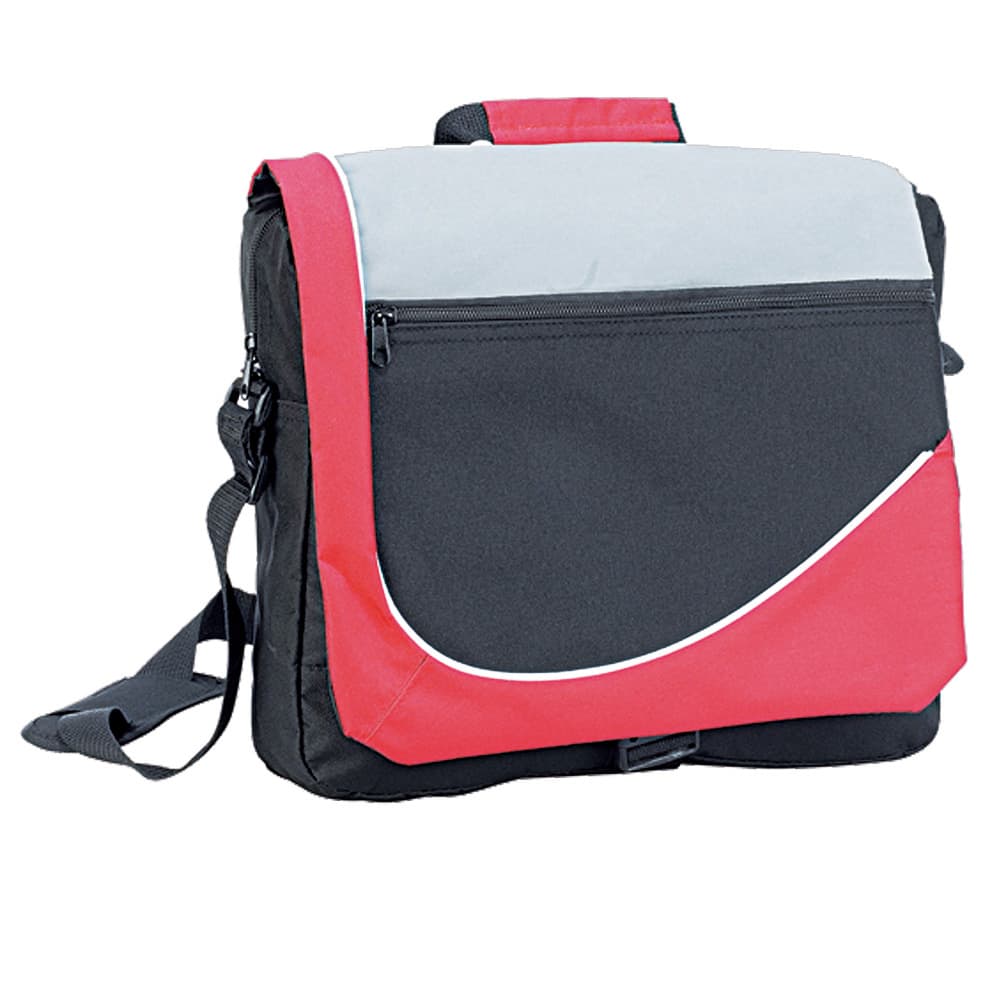 A messenger bag in black with grey and red accents, featuring a shoulder strap and a front zip pocket. Kentukey conference sachel - Image 1