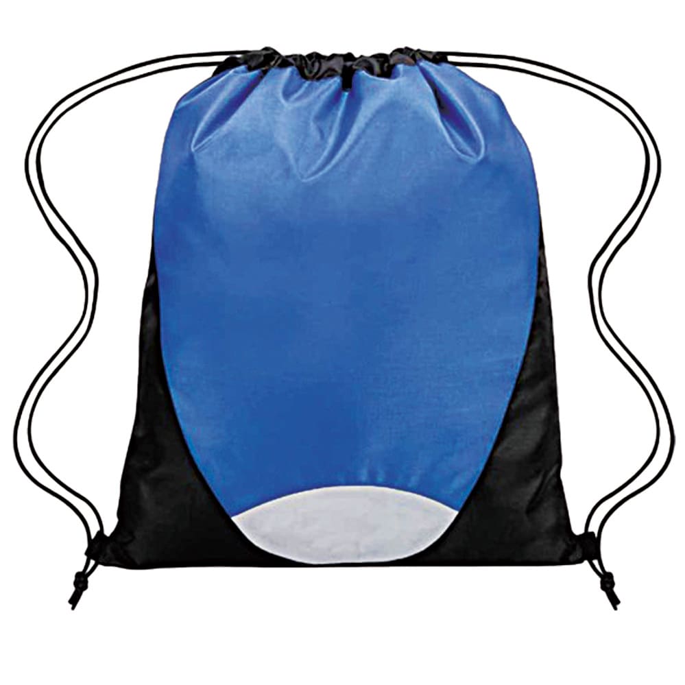 A drawstring backpack featuring a blue top section and a black bottom, with a white accent at the base. Columbus nylon drawstring bag - Image 1