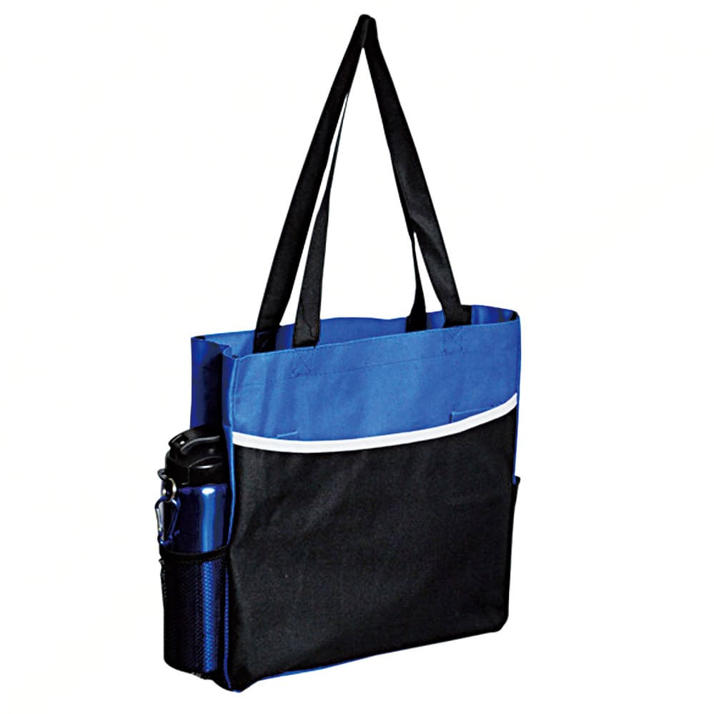 A tote bag with blue and black panels, featuring long straps and a side pocket for a drink bottle. Indiana conference bag - Image 1
