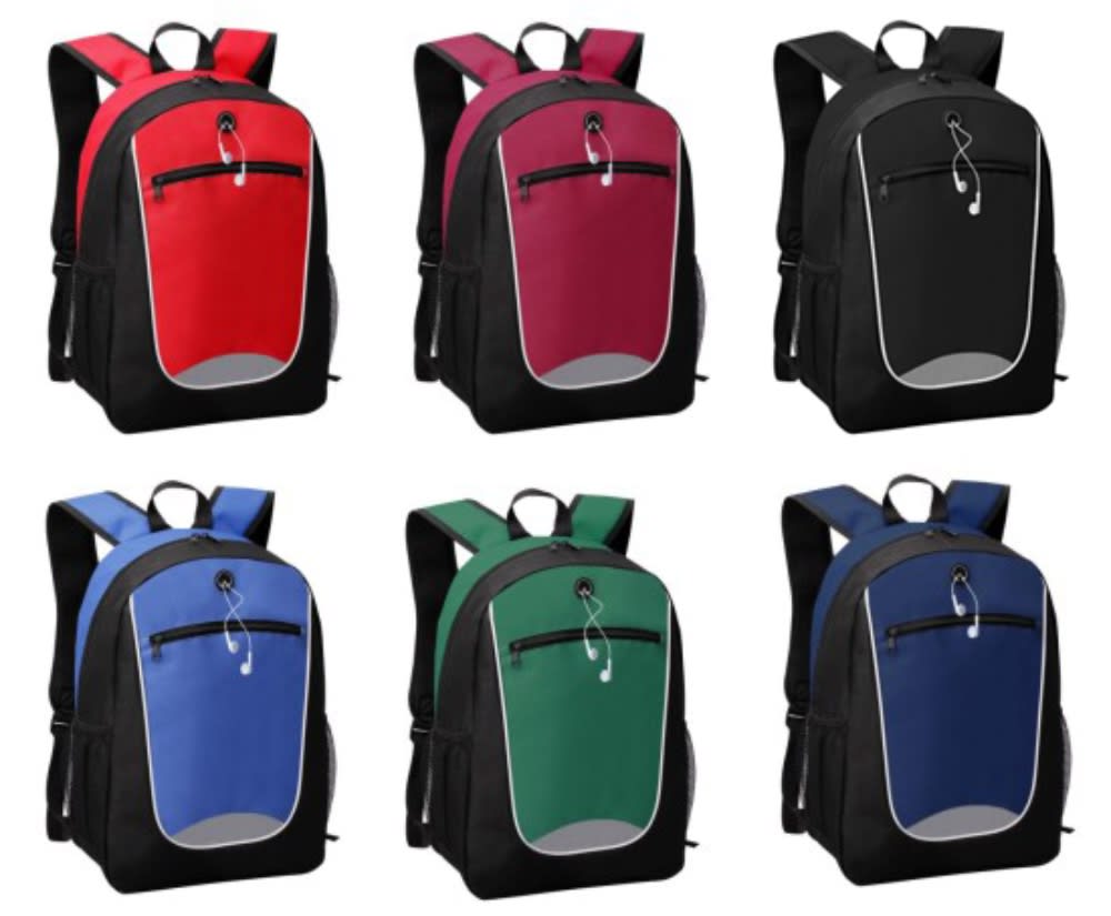 A collection of six backpacks in red, burgundy, black, blue, and green, featuring front zip pockets and black accents. Chicago backpack - Image 1