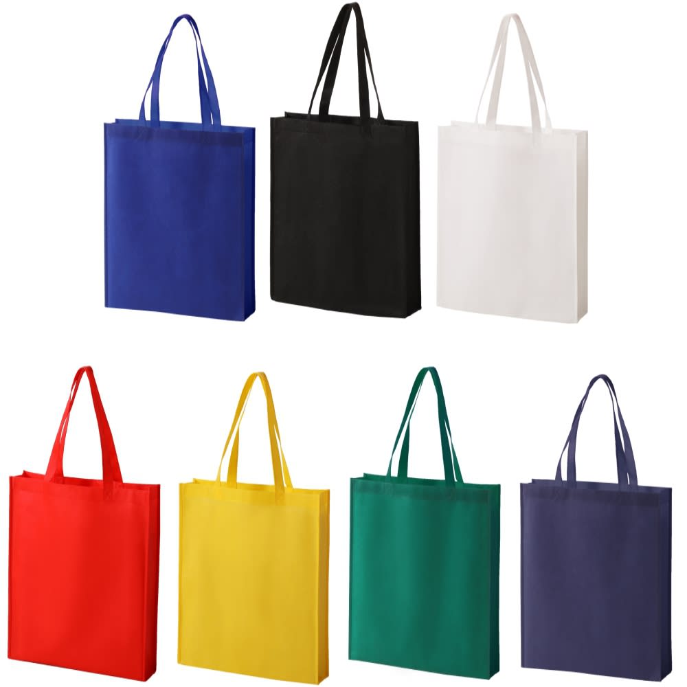A collection of non-woven tote bags in blue, black, white, red, yellow, green, and dark blue, featuring handles. Orlando pp non woven tote bag - Image 1