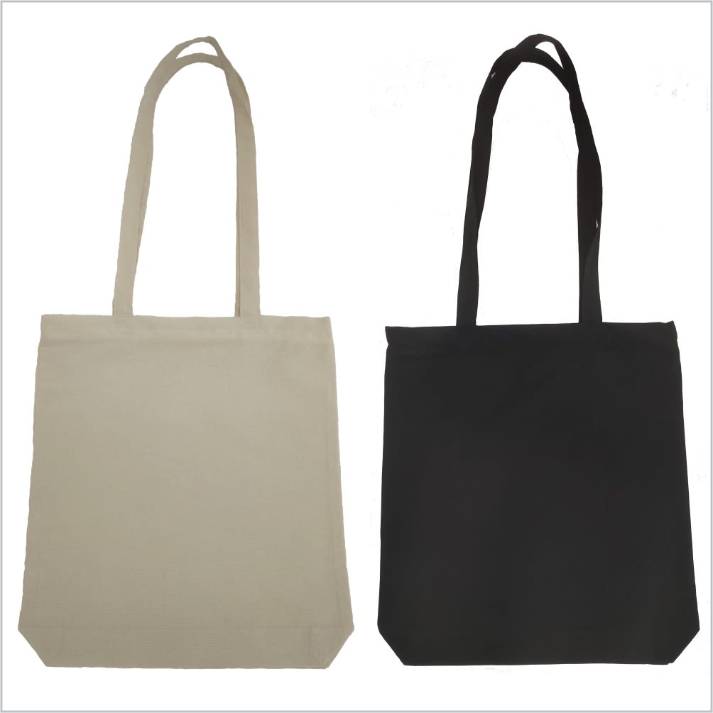 Two tote bags are displayed, one in cream and the other in black, featuring long handles and a simple design. Montana cotton calico bag - Image 1