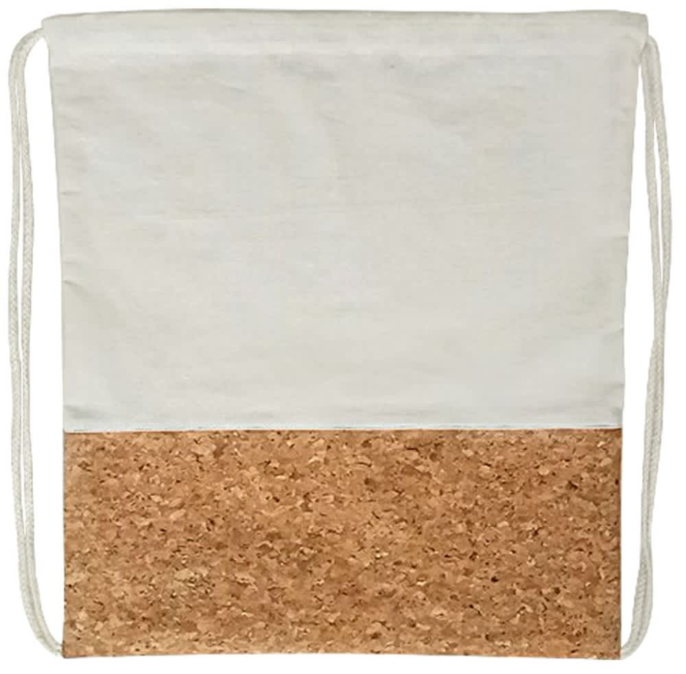 A drawstring bag featuring a white fabric top and a cork bottom. It has thin white cords for closure and carrying. Denver cotton calico bag with cork - Image 1