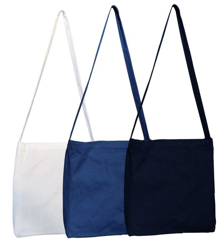 A set of three fabric bags in white, blue, and navy, each with a long strap and a simple design. Portland cotton convas bag - Image 1