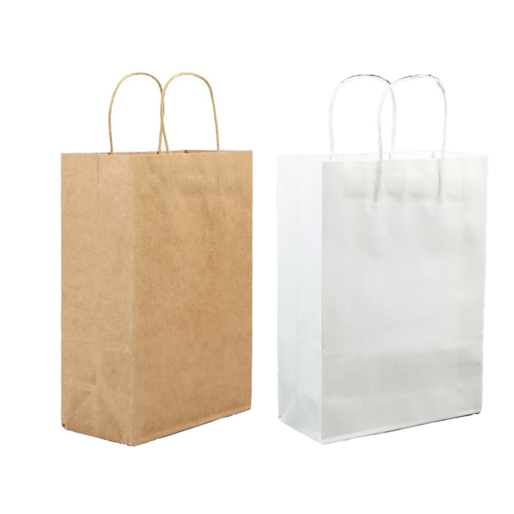 Two paper bags are displayed: one is brown kraft with twisted handles, and the other is plain white with twisted handles. Norfolk paper bag - Image 1