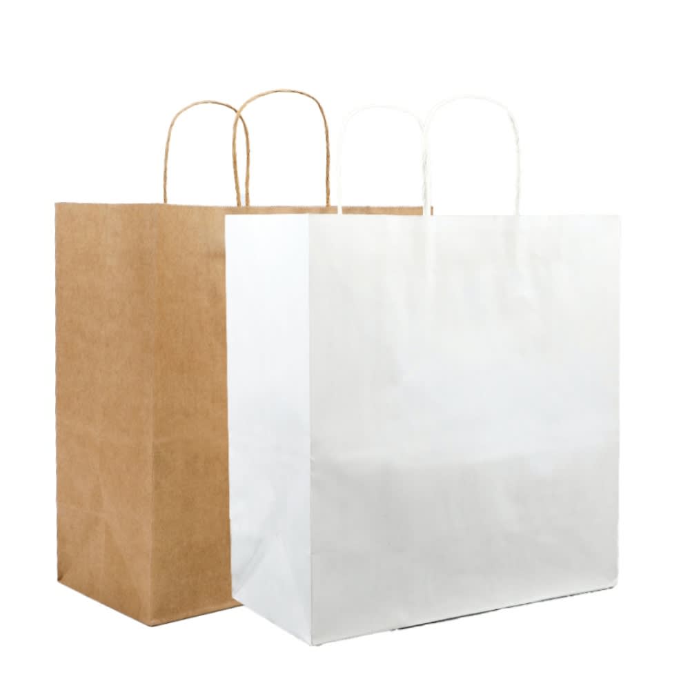 Two shopping bags are displayed side by side: one brown kraft paper bag and one white paper bag, both with handles. Portland paper bag - Image 1