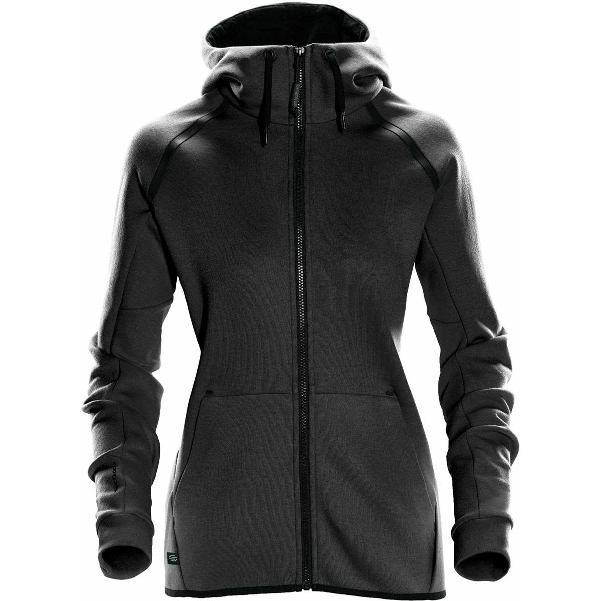 A women's hoody in charcoal grey with a zip front, featuring a hood and side pockets. It has a logo on it. Women's Reflex Hoody - Image 1