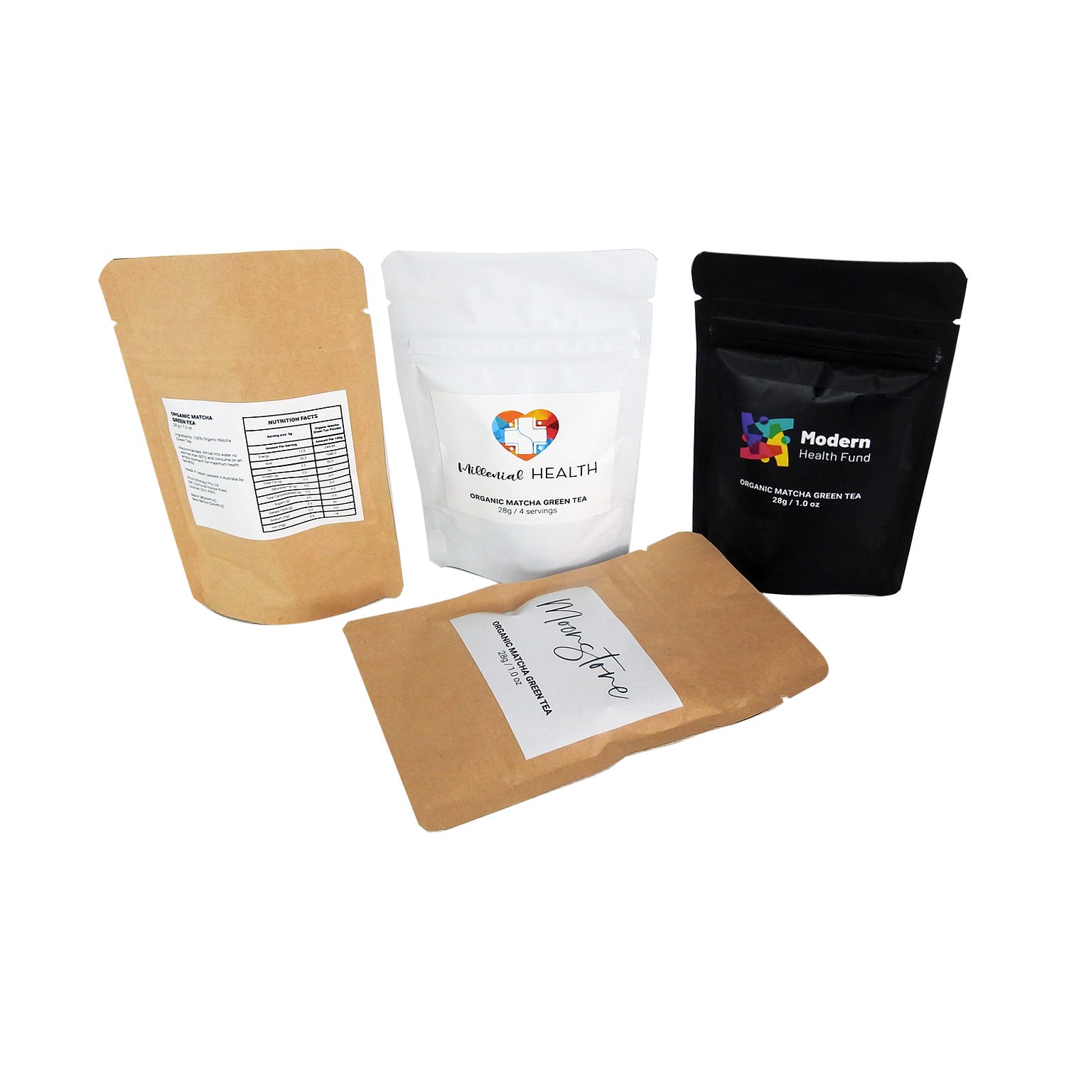 A set of four pouches containing Organic Matcha Green Tea, featuring brown and black packaging with varied labels. Organic Matcha Green Tea Card - Image 1