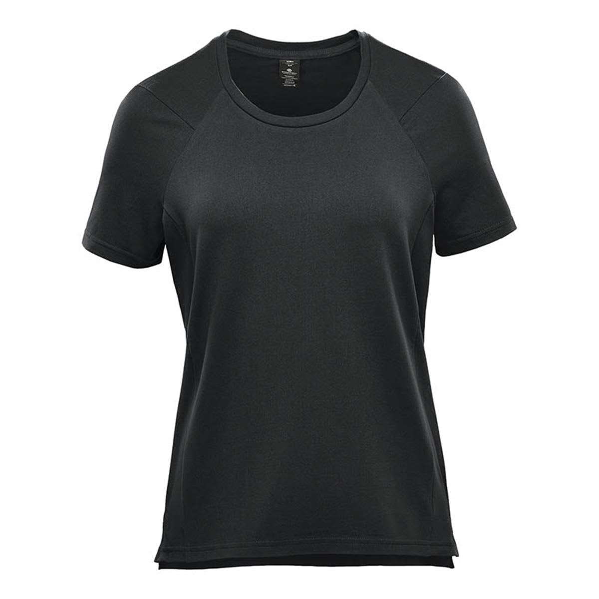 A black women's short sleeve performance tee with a round neckline and raglan sleeves. It has a logo on it. Women's Tundra Performance Short Sleeve Tee - Image 1