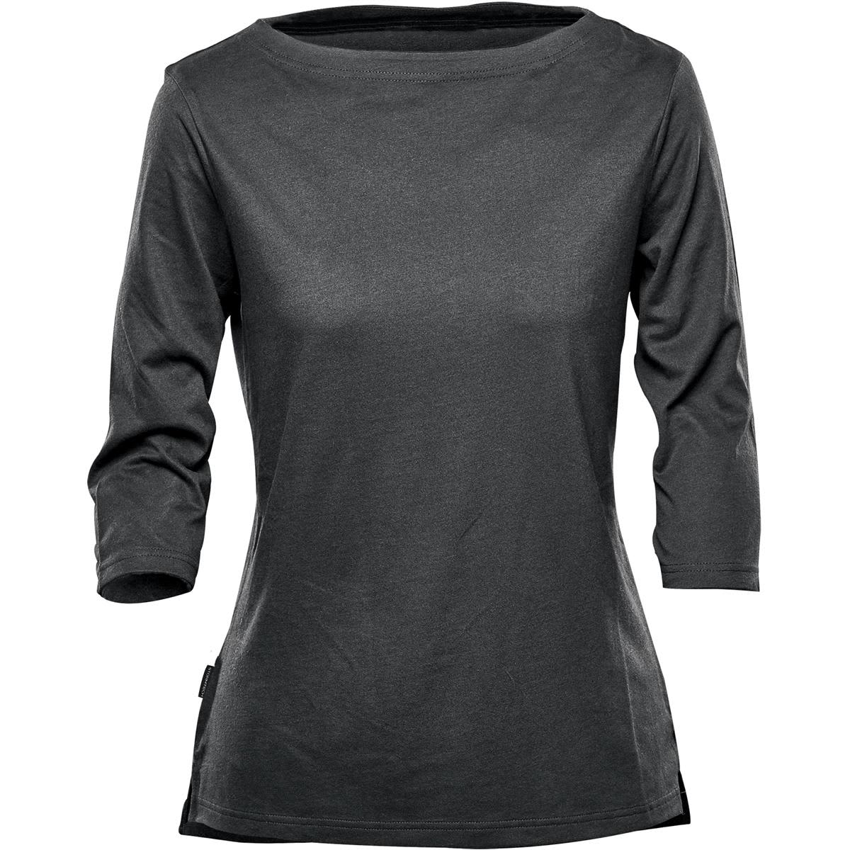 A women's 3/4 sleeve t-shirt in dark grey, featuring a simple design and a branding logo. Women's Torcello 3/4 Tee - Image 1