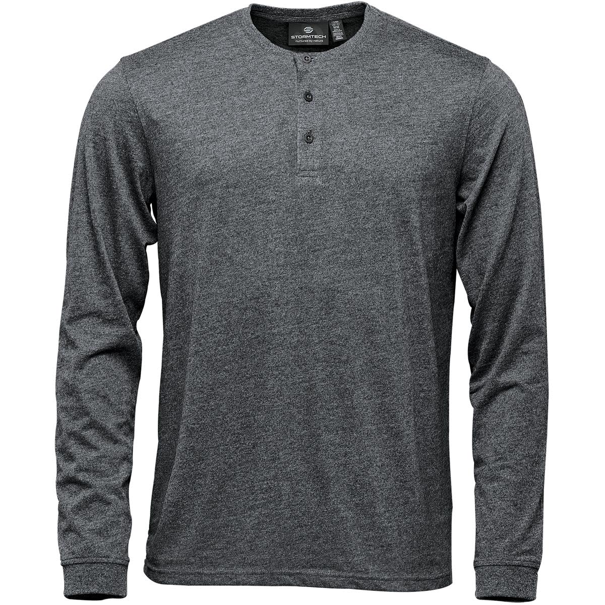 A grey long-sleeve henley shirt featuring a button placket and a logo. Men's Torcello L/S Henley - Image 1