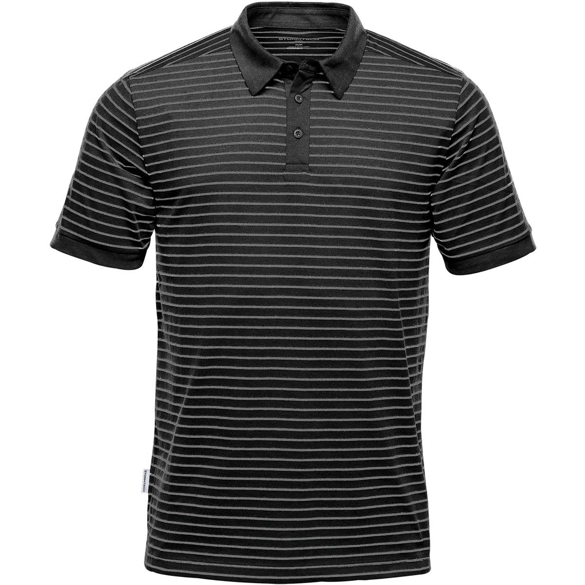 A black and grey striped polo shirt featuring a collar and a logo. Short sleeves complete the design. Men's Railtown Polo - Image 1