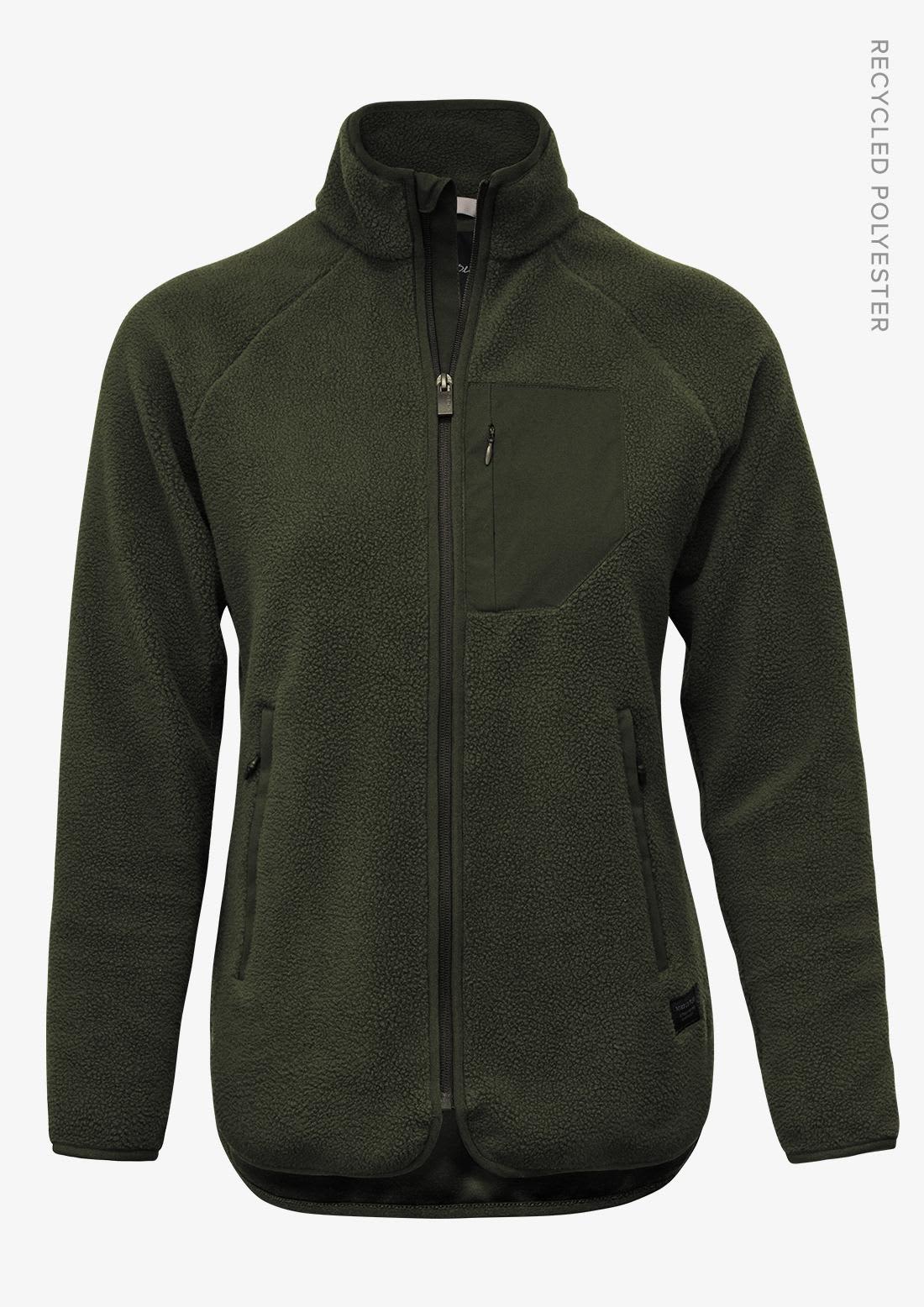 A green women's jacket with a zip front, featuring a chest pocket and side pockets, made from recycled polyester. Timberlake Women Jacket - Image 1