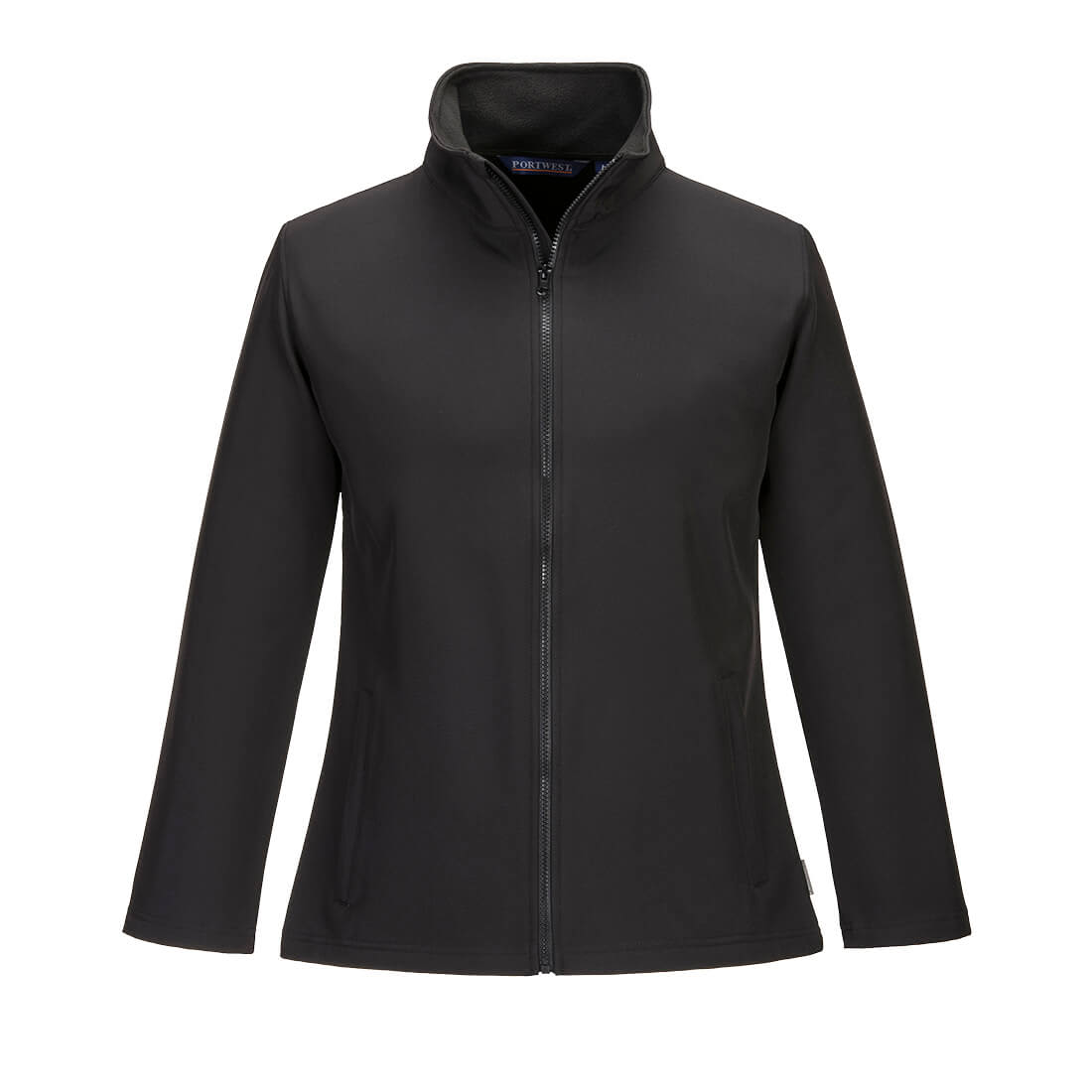A women's soft shell jacket in black with a zip front and high collar, featuring an unbranded design. Women's Print and Promo Softshell (2L) - Image 1
