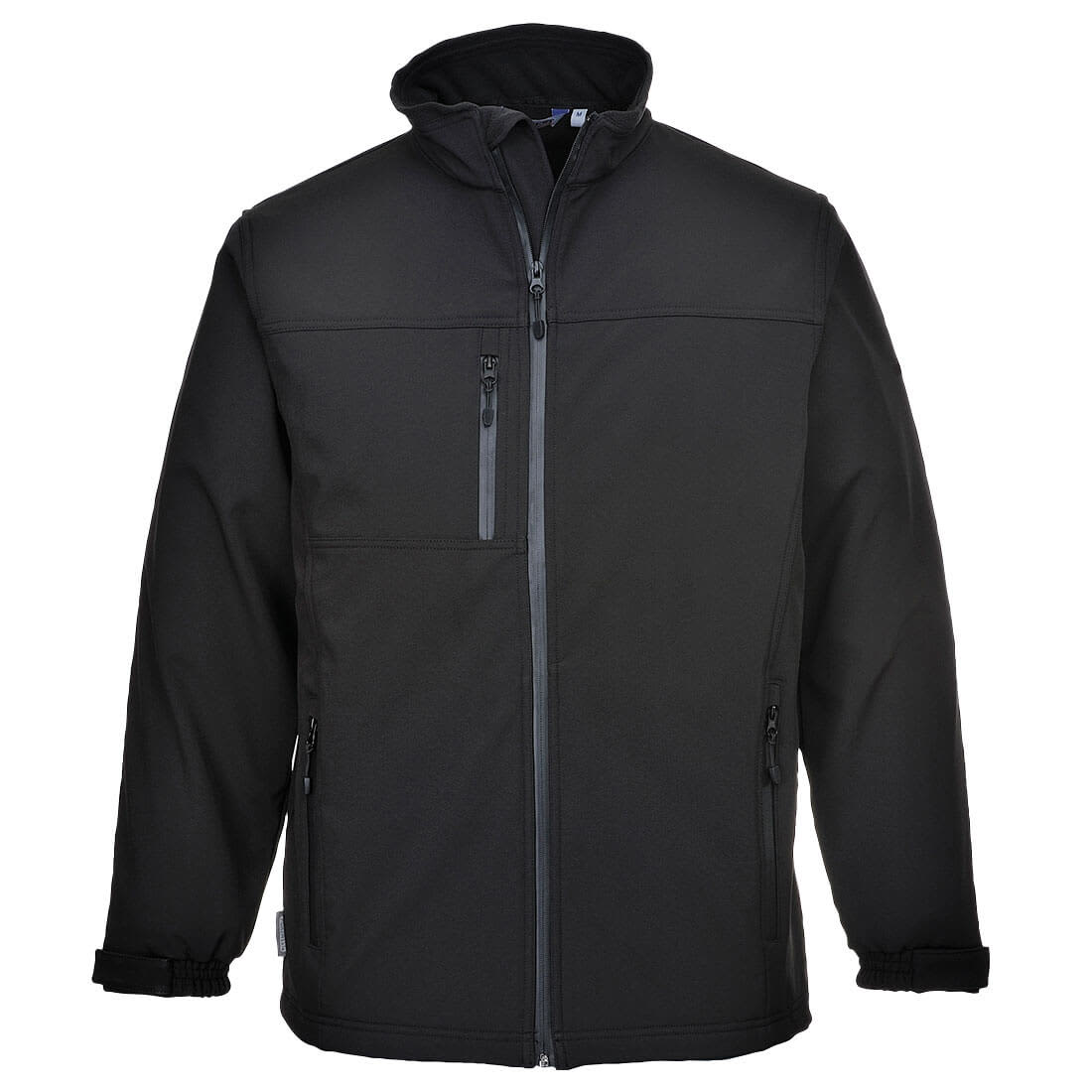 A black softshell jacket with a zippered front, two side pockets, and a hood. It features a logo on the chest. Softshell (3L) - Image 1