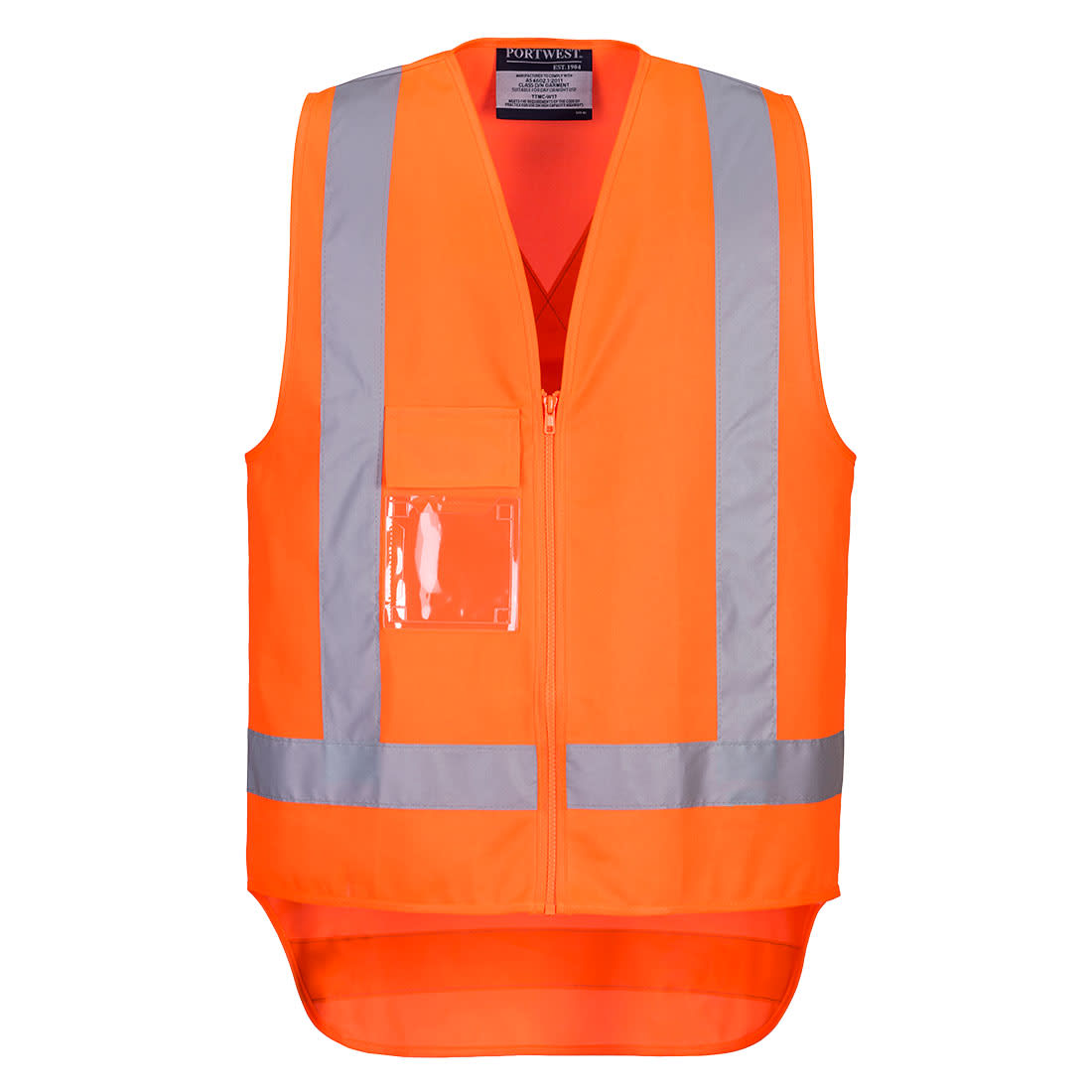 An orange hi-vis vest featuring reflective stripes and a clear pocket. The vest has a front zipper and branding. TTMC-W17 Hi-Vis X Back Zipped Vest - Image 1