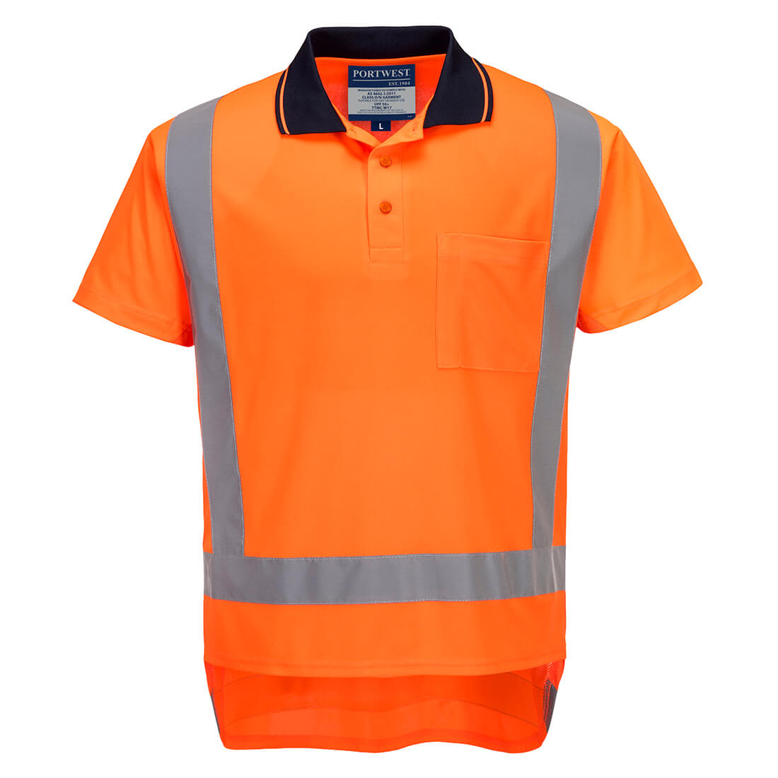 An orange polo shirt with grey reflective stripes and a black collar, featuring a chest pocket and a logo. TTMC-W17 Hi-Vis X Back Polo Shirt S/S - Image 1