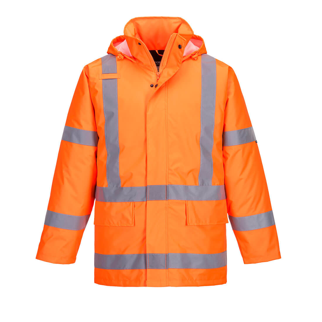 An orange winter jacket with reflective stripes and a hood. Features a logo on one sleeve. TTMC-W17 X Back Winter Traffic Jacket - Image 1