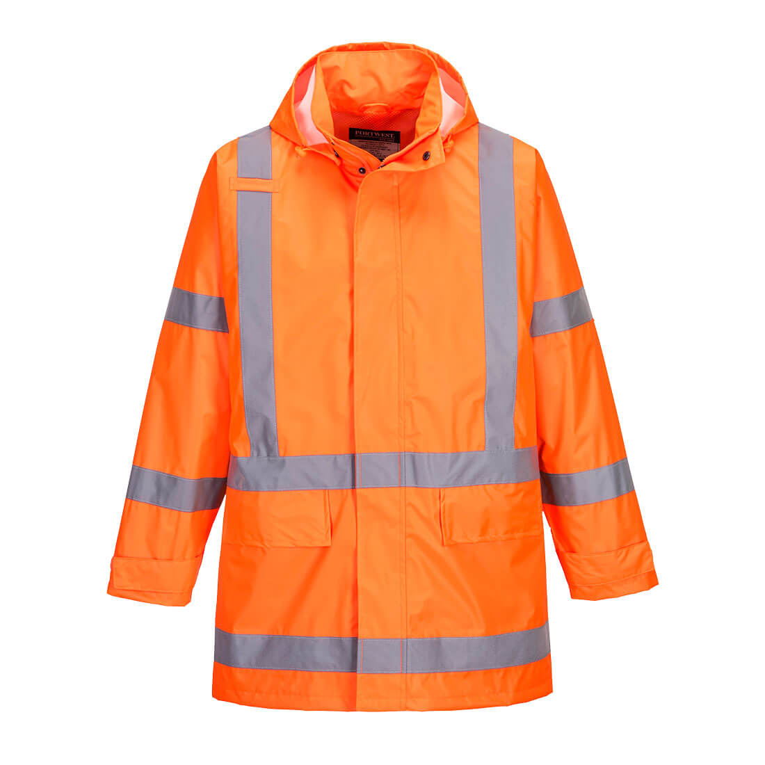 A bright orange rain jacket featuring reflective strips and a hood, designed for visibility and protection from rain. TTMC-W17 X-Back Rain Traffic Jacket - Image 1