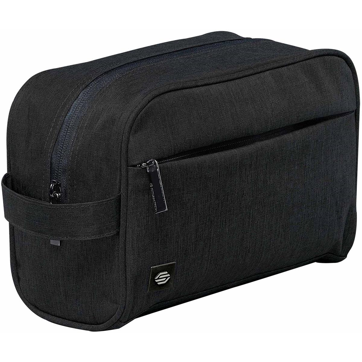 A black toiletry bag with a zippered main compartment and a front pocket, featuring a logo. Cupertino Toiletry Bag - Image 1