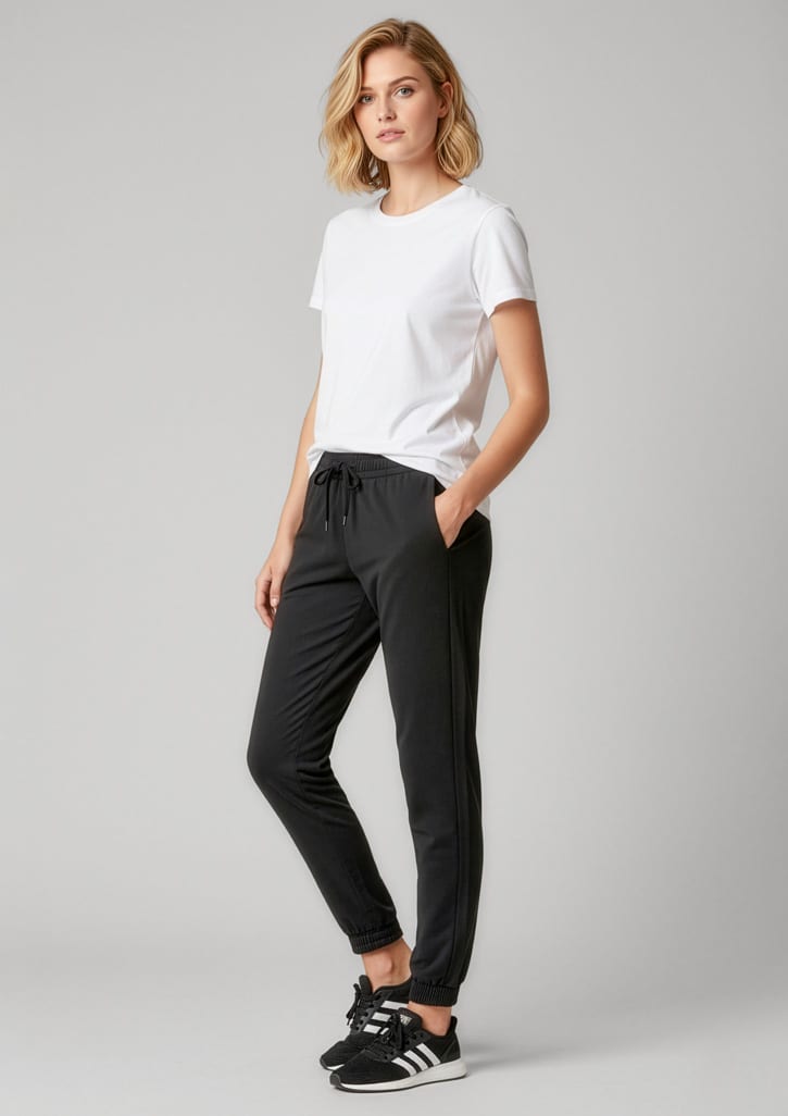 A model wearing women's black track pants paired with a white t-shirt, featuring a logo on the pants. Womens Score Pant - Image 1