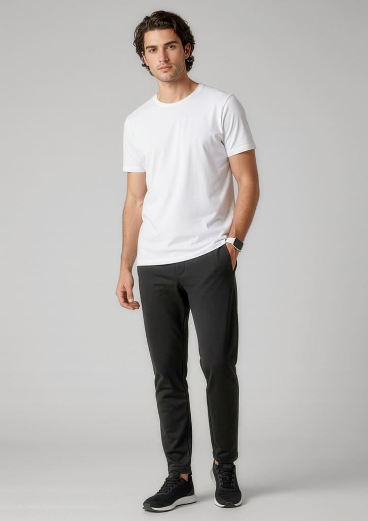 A model wearing black track pants paired with a white t-shirt and black sneakers, featuring a logo. Mens Score Pant - Image 1