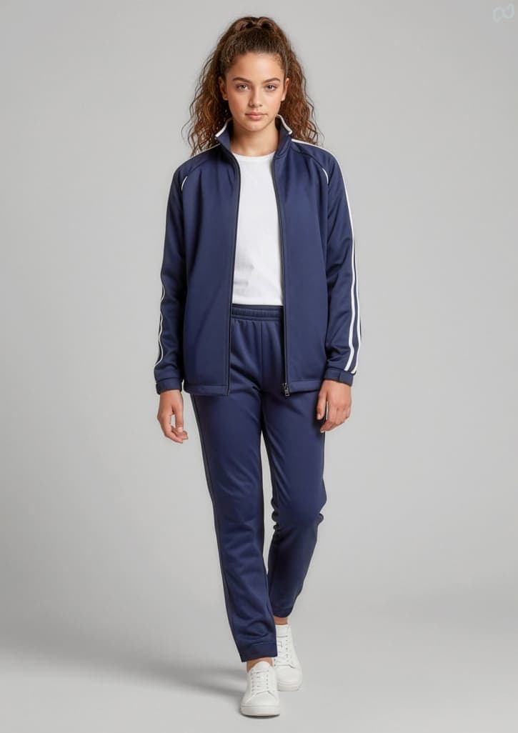 A girl models navy track pants with a matching jacket. The outfit features white stripes and a logo. Kids Flash Pant - Image 1