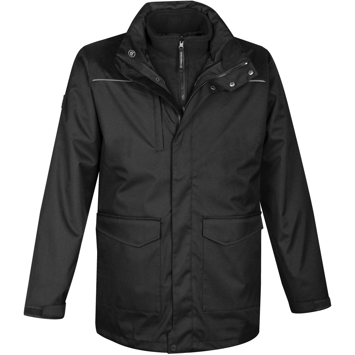 A black men's parka featuring a zip front, multiple pockets, and a high collar, with a discreet logo. Youth Vortex HD 3-In-1 Parka - Image 1