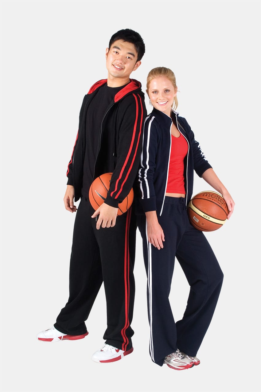 A pair of models wearing women's striped track pants in navy blue and red, each holding a basketball. Womens Striped Track Pants - Image 1