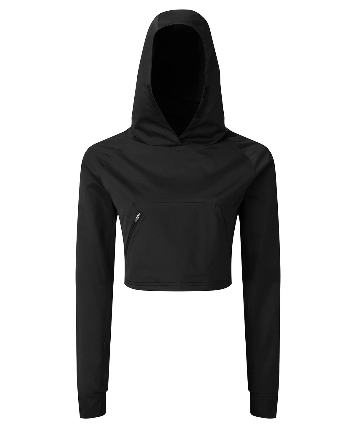 A cropped black jacket with a hood and a front zippered pocket, featuring a logo on the fabric. Cropped Jacket - Image 1