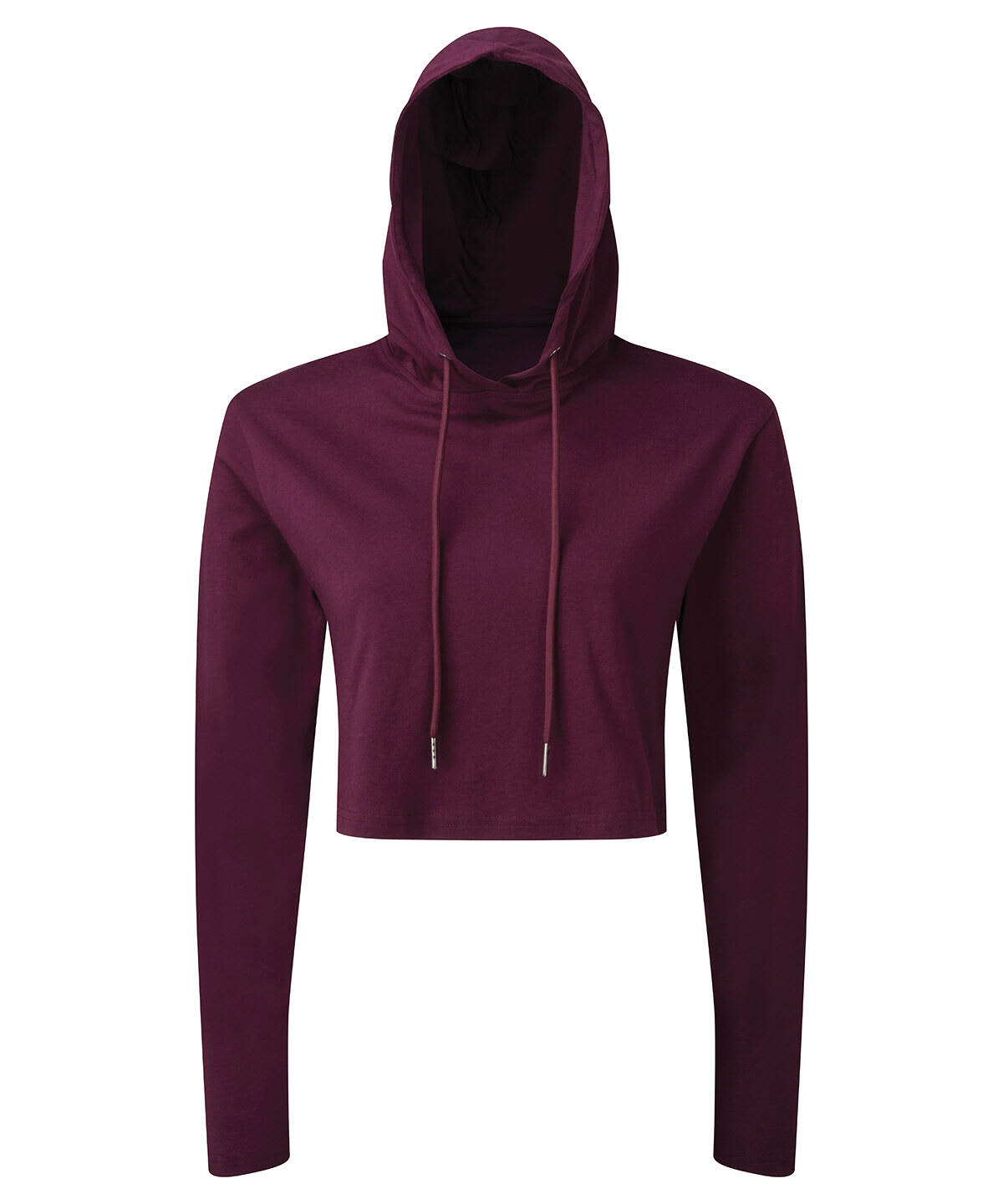 A cropped hooded long sleeve t-shirt in a deep burgundy colour with a hood and drawstrings. It has a logo. Cropped Hooded Long Sleeve T-Shirt - Image 1
