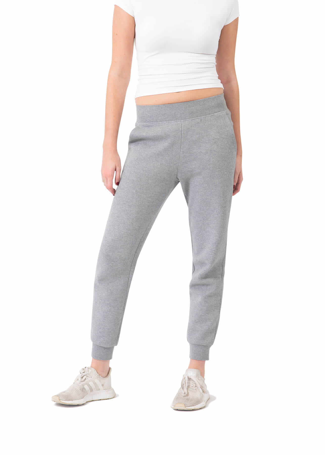 A pair of women's grey track pants with a fitted waistband and cuffs, featuring a logo. Womens' 3 Layer Cotton Sandwich Pants - Image 1