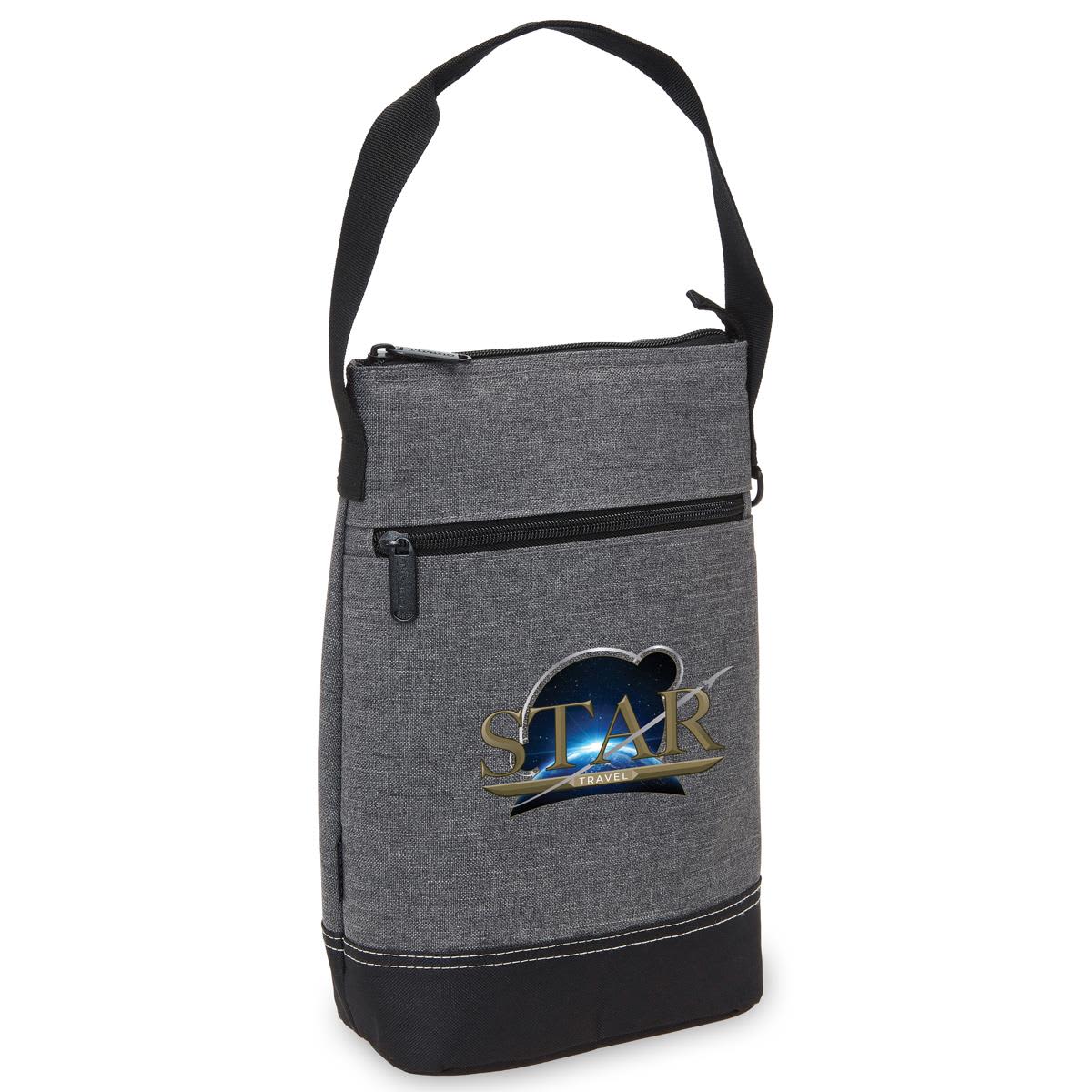 A drink bottle cooler in grey, featuring a front pocket and an adjustable strap. It has a logo on the front. Tirano Two Bottle Wine Cooler - Image 1