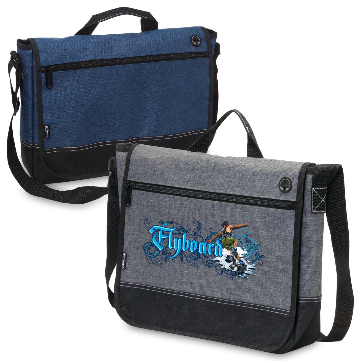 A laptop satchel in blue and grey, featuring an artistic design and a shoulder strap. The bag includes a logo. Tirano Laptop Satchel - Image 1