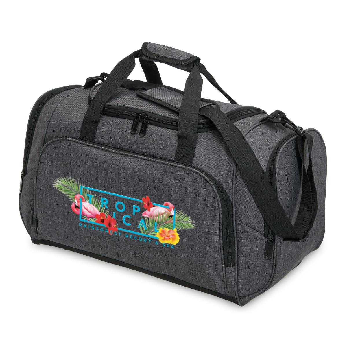 A grey duffle bag with a graphic design featuring tropical elements and a logo. It has dual handles and a shoulder strap. Tirano Travel Bag - Image 1